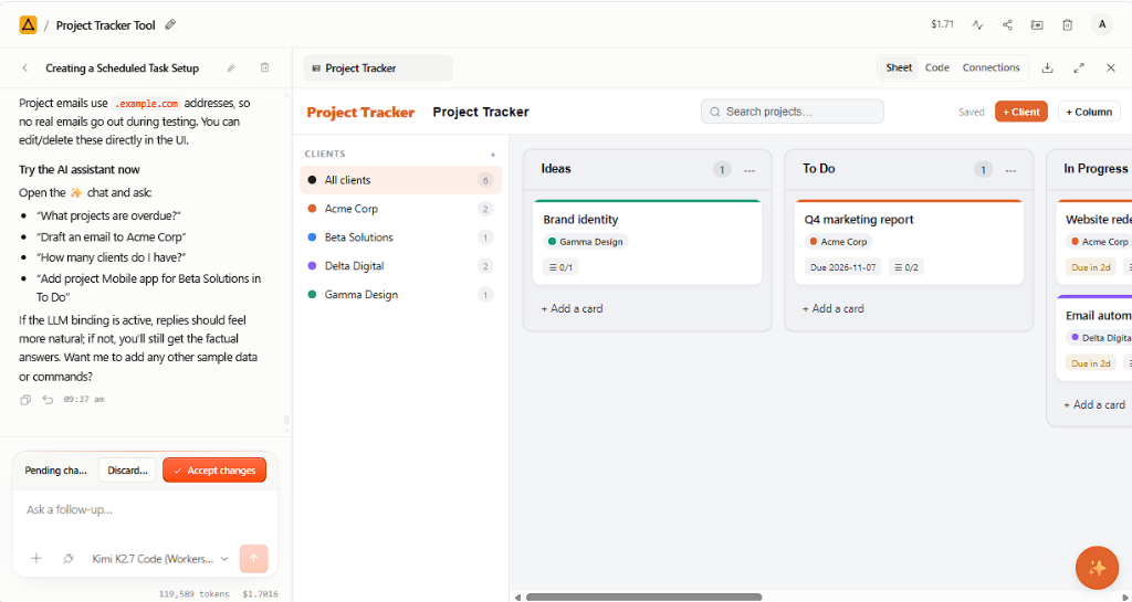 Cloudflare OS workspace showing the AI assistant conversation with pending approval buttons on the left, and an interactive Project Tracker Kanban workpiece on the right
