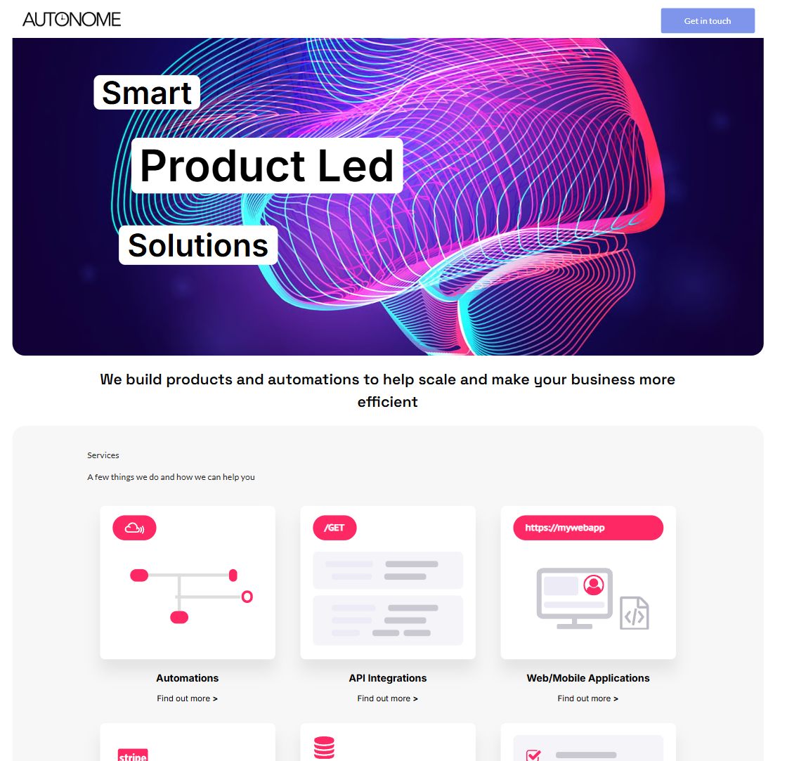 The 2020 Autonome homepage: the words Smart, Product Led and Solutions over a pink and violet wireframe brain, above the first row of service cards.