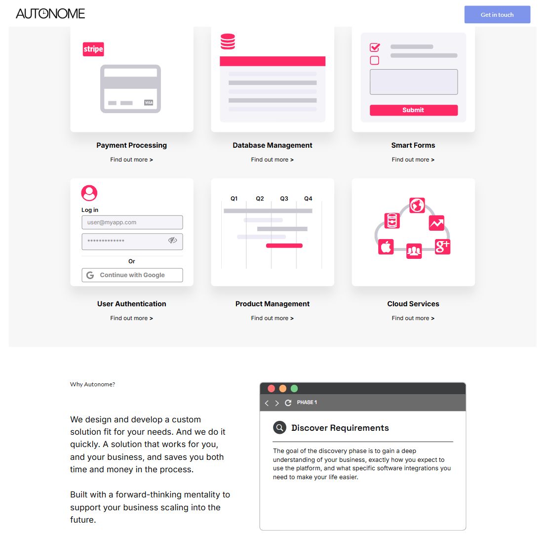 Service cards for payment processing, database management, smart forms, user authentication, product management and cloud services, then the Why Autonome section.