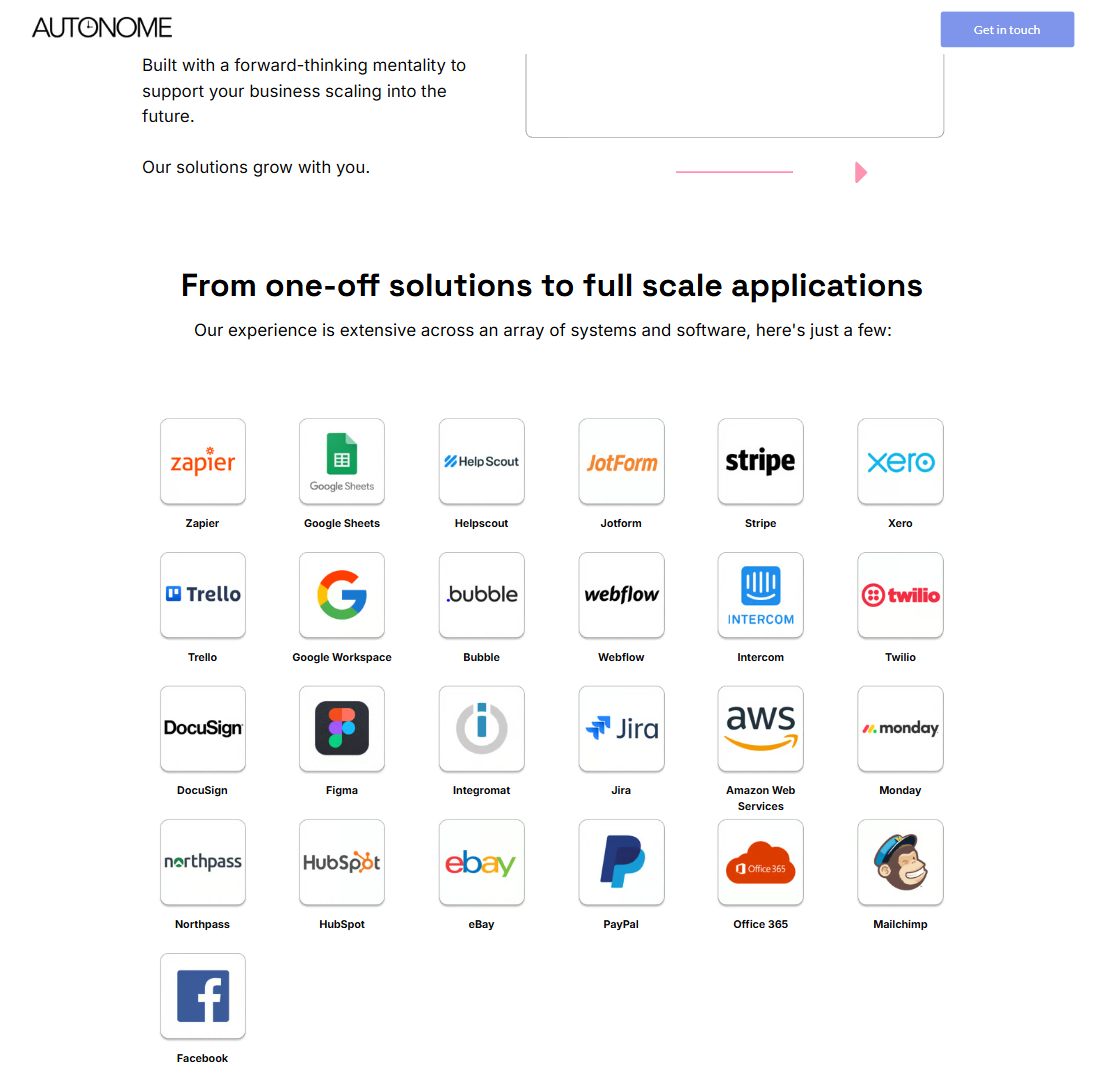 From one-off solutions to full scale applications: a grid of twenty-five tool logos including Zapier, Google Sheets, Stripe, Xero, Trello, Bubble, Webflow, Jira, AWS and HubSpot.