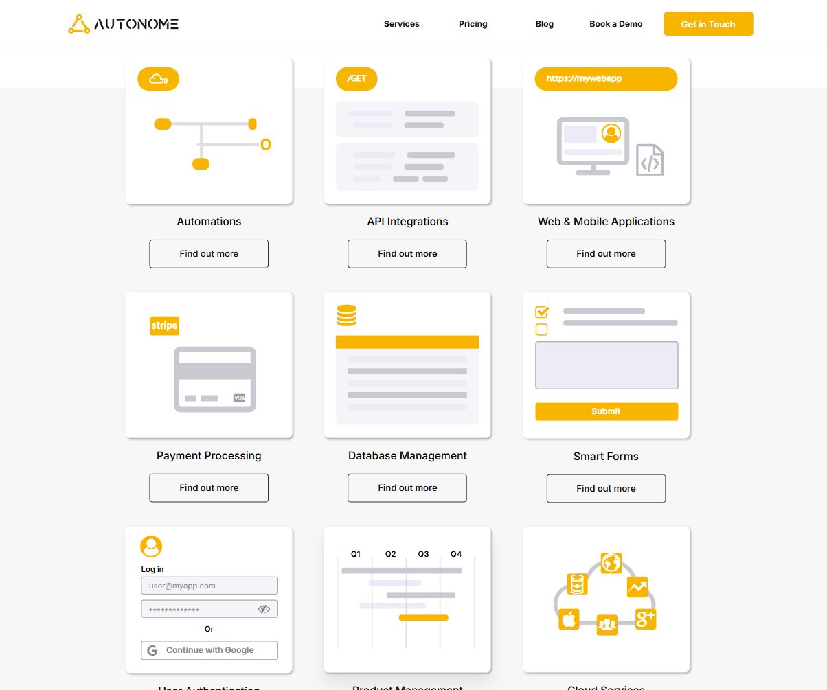 Other Services: yellow illustrated cards for automations, API integrations, web and mobile apps, payments, databases, forms, sign-in, product management and cloud.