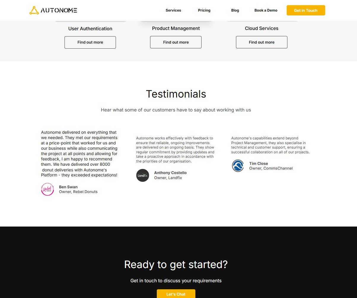 Testimonials from Ben Swan of Rebel Donuts, Anthony Costello of Landfix and Tim Close of CommsChannel, then Ready to get started?
