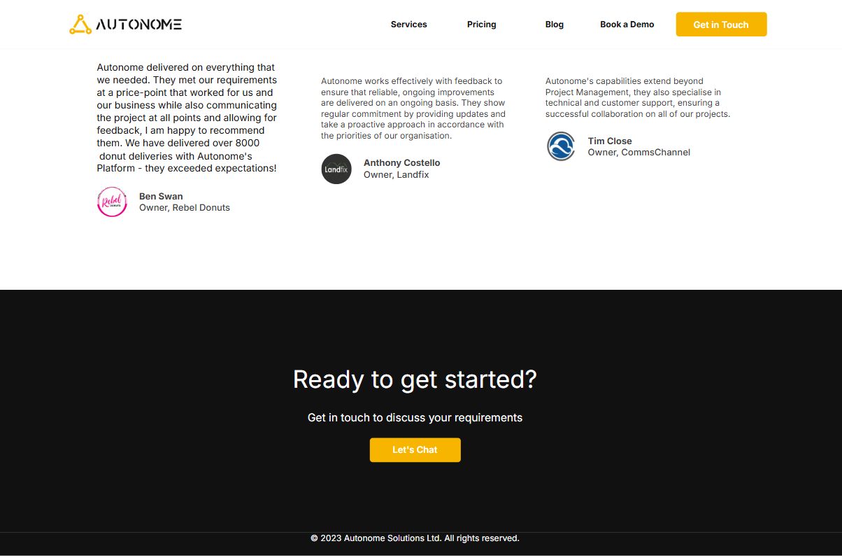 The end of the page: the testimonials again, the Let's Chat button and © 2023 Autonome Solutions Ltd.