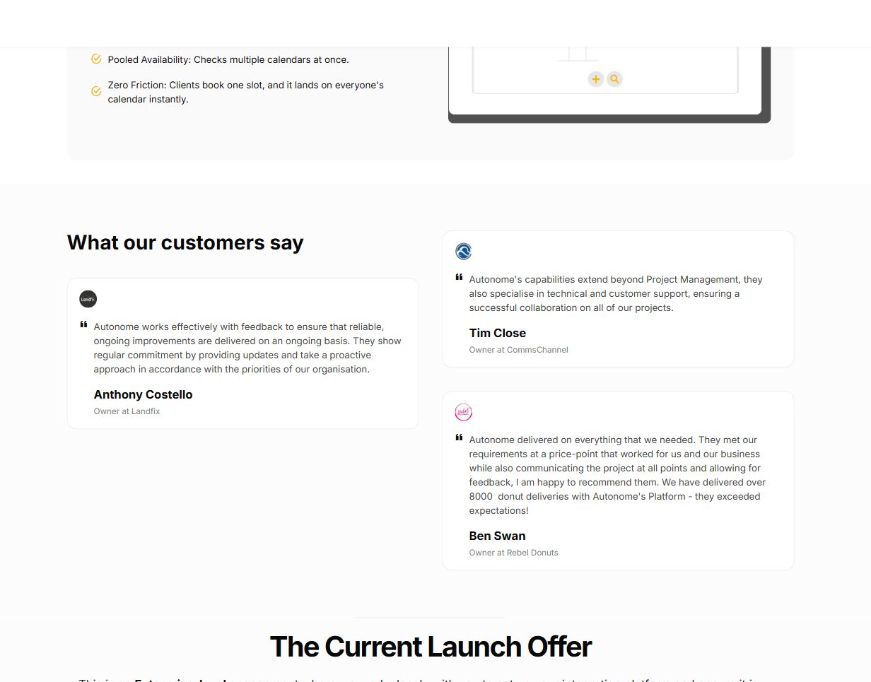 What our customers say, with Landfix, CommsChannel and Rebel Donuts, then the heading The Current Launch Offer.