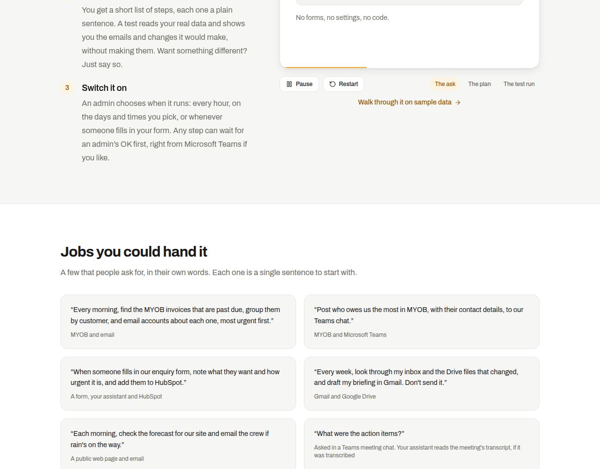 How it works: say what you need, read it and test it, then switch it on, beside an example request reading Every Monday, chase anyone whose invoice is more than 30 days overdue.